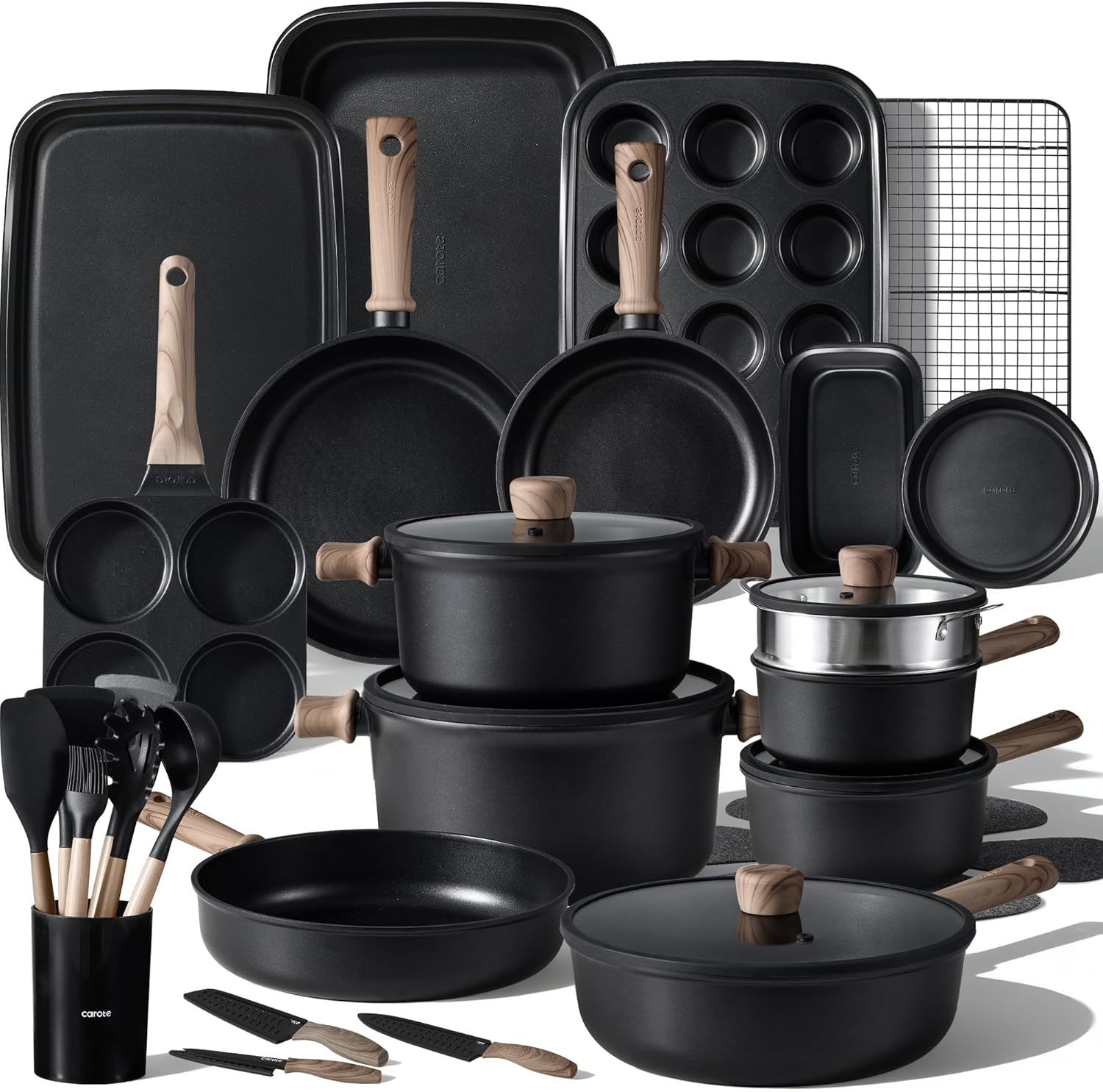 CAROTE 44pcs Pots and Pans, Nonstick Cookware Set with Bakeware | Induction Kitchen Cooking Set, Durable, Easy Food Release, Even Heating, with Knife Set
