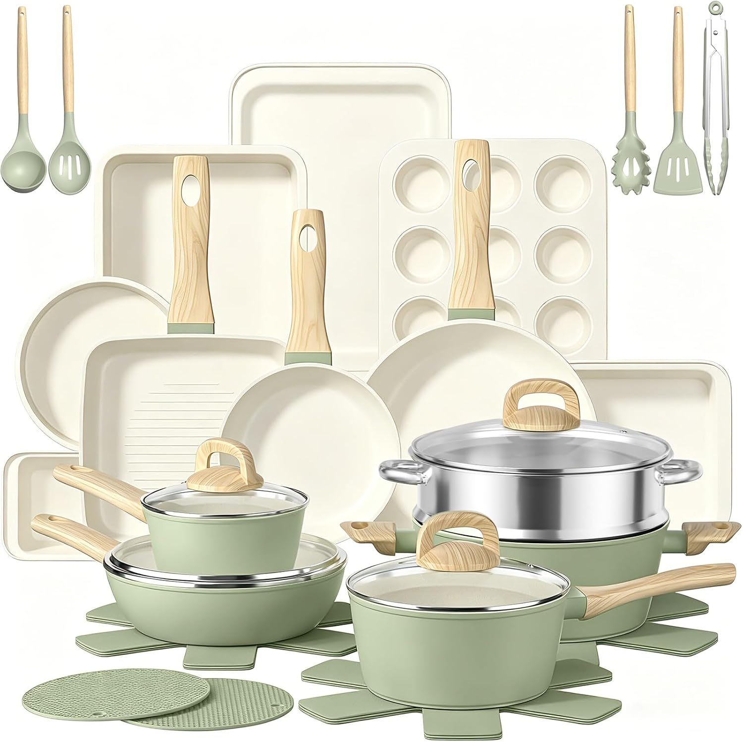 Pots and Pans Set Nonstick, Umite Chef 31-Piece Induction Cookware & Bakeware Set with Frying Pans, Saucepan, Grill Pan, Baking Sheet & Utensils, PFOA-Free Kitchen Starter Set (Sage Green)