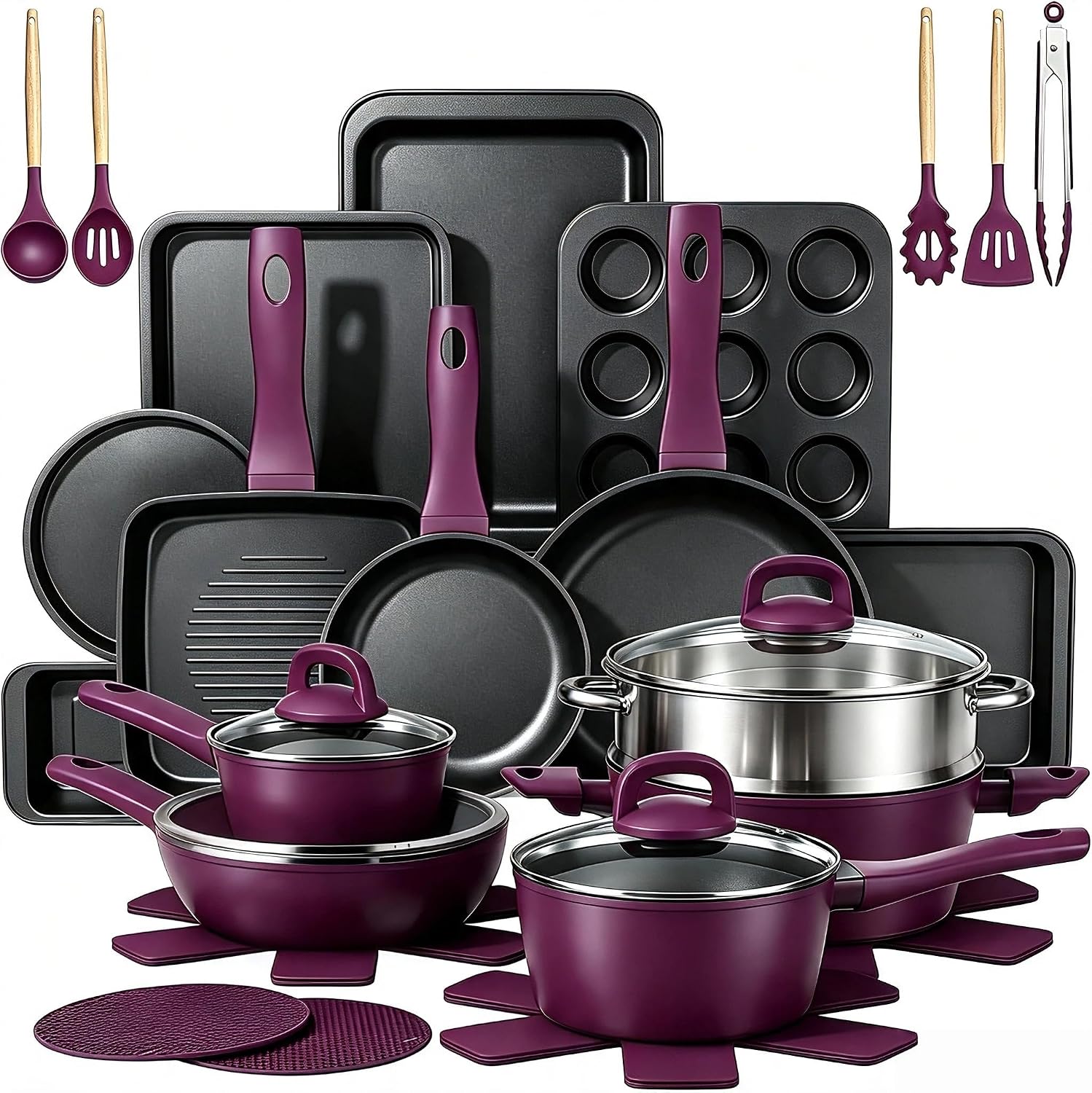 Pots and Pans Set Nonstick, Umite Chef 31-Piece Induction Cookware & Bakeware Set with Frying Pans, Saucepans, Casserole, Steamer, Baking Set & Utensils, PFAS-Free Kitchen Starter Set (Purple)